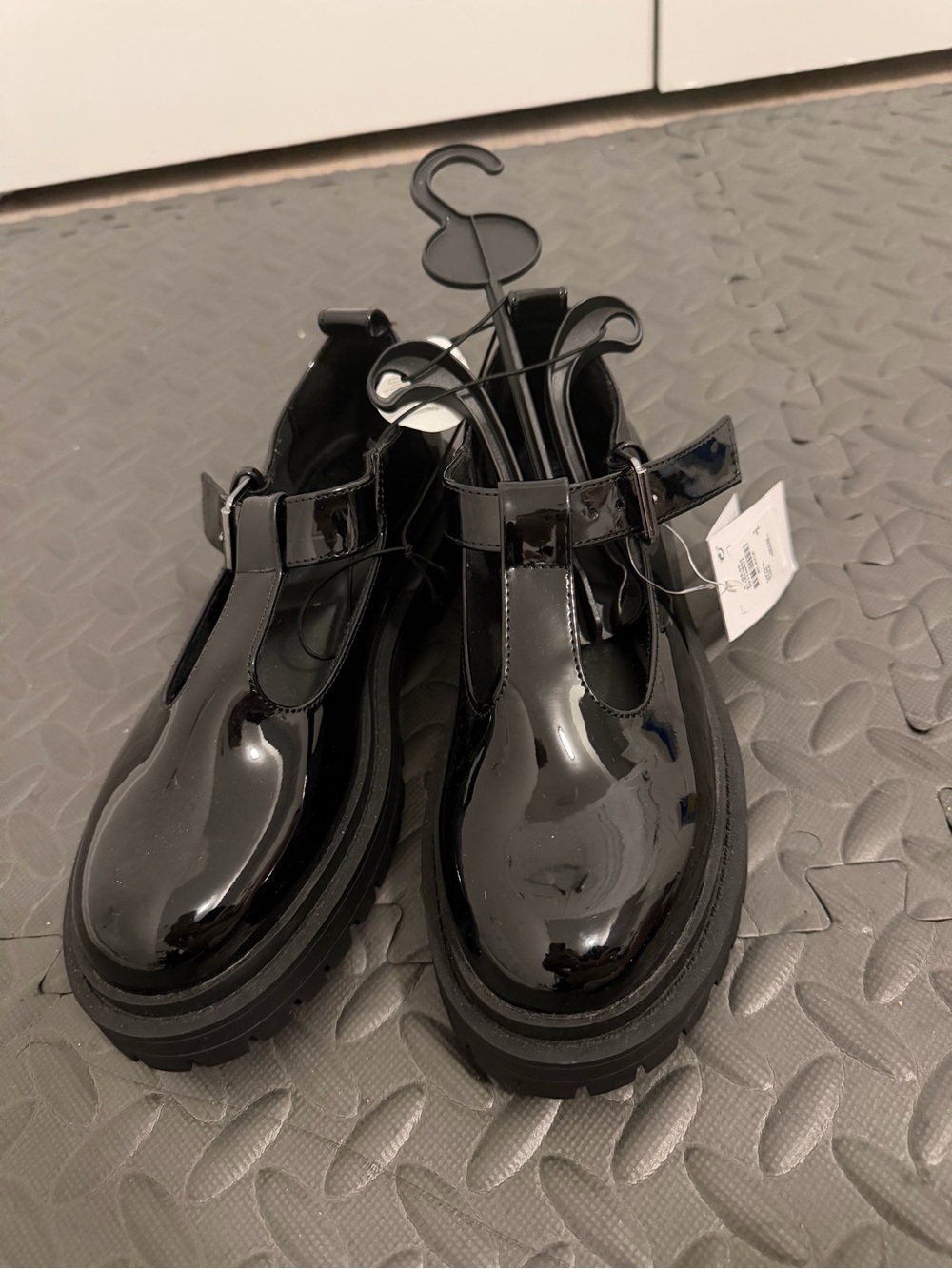 Primark Black Patent T-Strap Lug Sole Mules